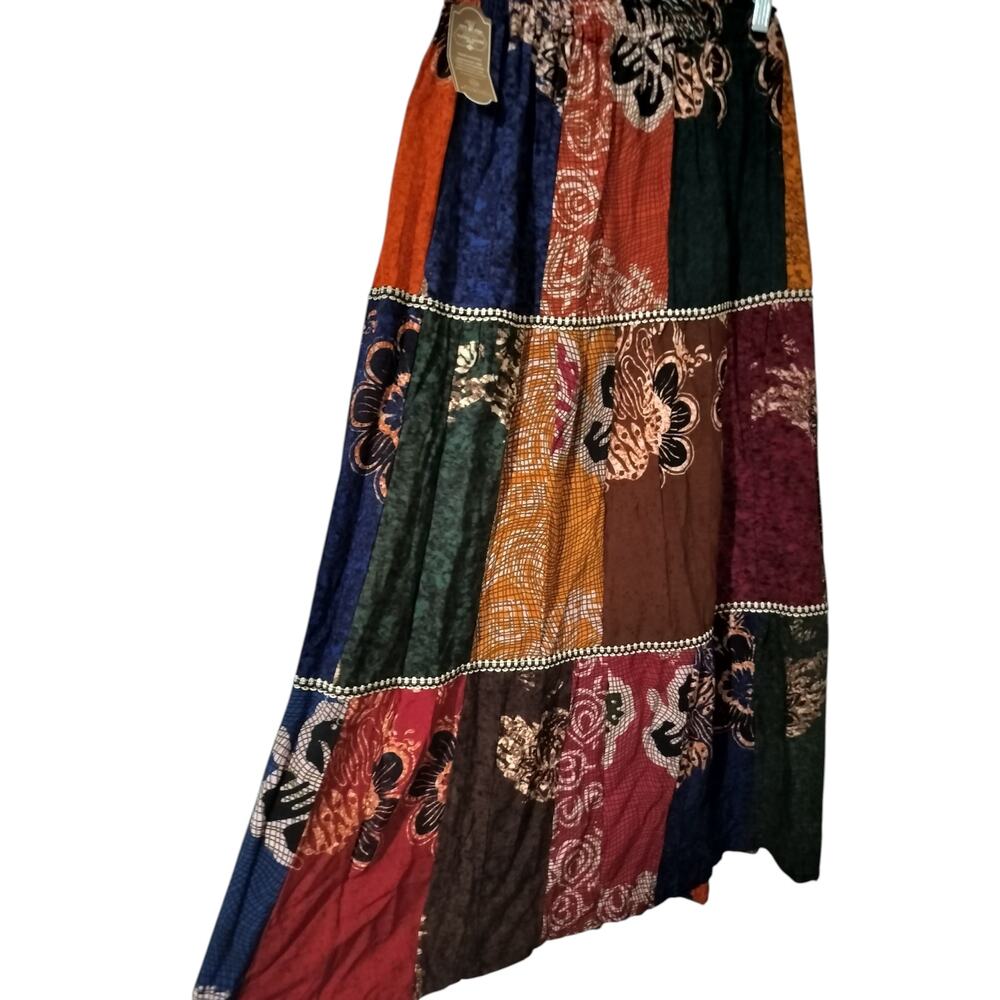 SK 147)Multicolor Batik Print Patchwork Tiered Pullon Long Skirt One Size (S/M) - Picture 4 of 6